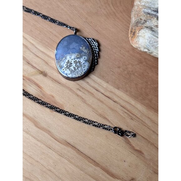 Dendritic Agate Sterling Silver Pendant Necklace 20G Mid Century - Picture 10 of 10